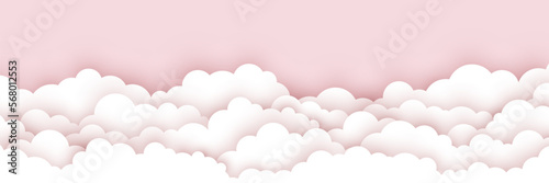 Fluffy clouds on a pink background. Paper cut design. Vector illustration