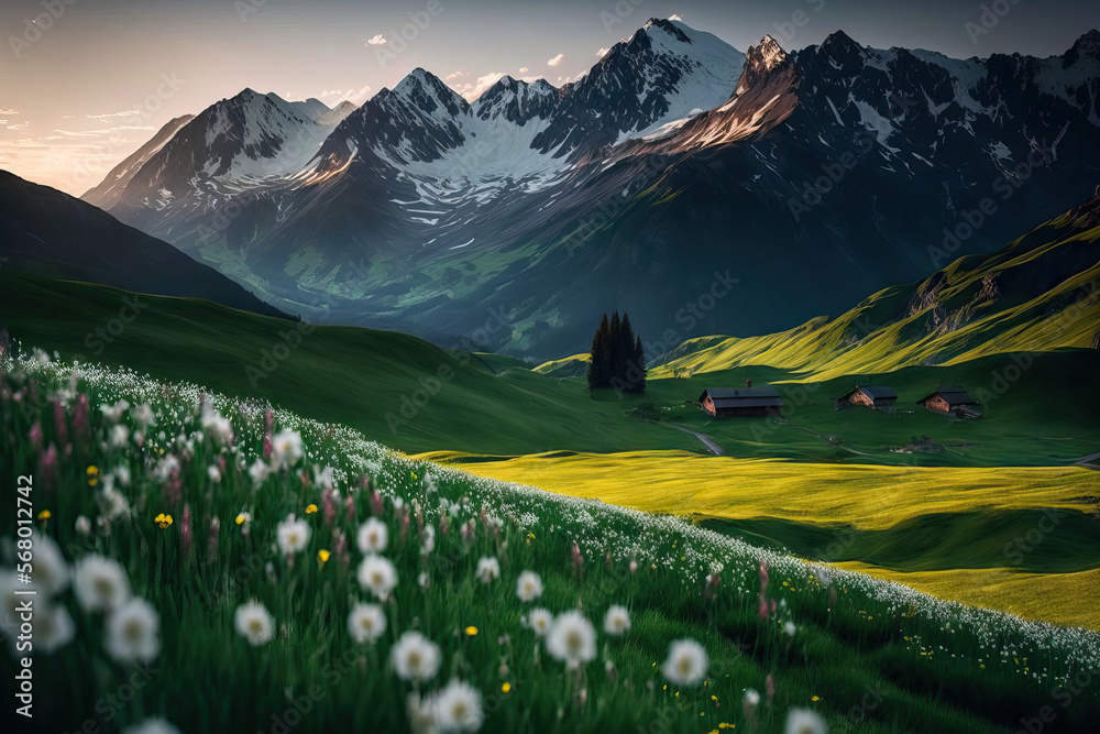 Obraz premium A picture perfect Alps scene with lush, green meadows, blossoming flowers, and snow capped mountain peaks in the distance. Generative AI