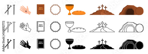 Christian icons set. Risen icons. Cross, communion, Bible, and so on. Vector