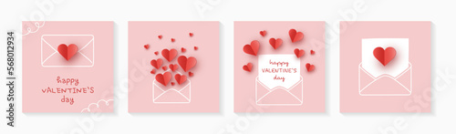 Valentine’s hearts with envelope. Collection of cards with paper cut decorations. Vector illustration
