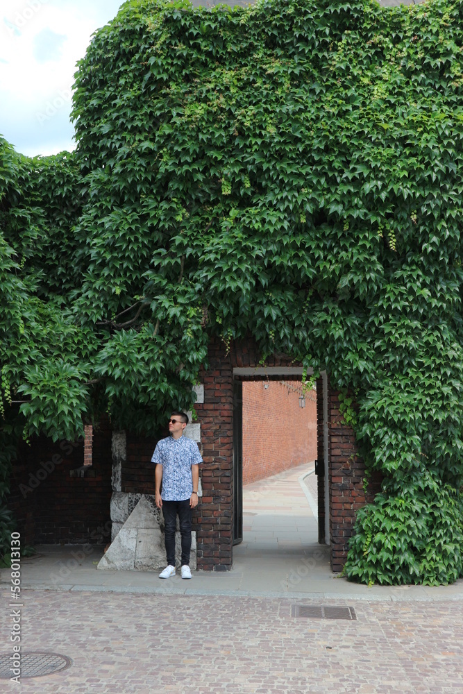 Man standing by small door of castle garden with beautiful green leaves wall