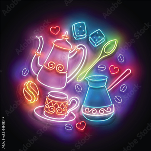 Glow Different Types of Coffee. Cafe Label. Cappuccino, Espresso, Americano, Turkish. Neon Poster, Flyer, Banner, Invitation. Glossy Background. Vector 3d Illustration