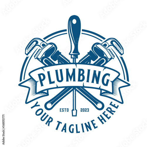 pipe repair vector logo design. the concept of a wrench that can be adjusted with a water faucet icon, for plumbing repairs and home maintenance.