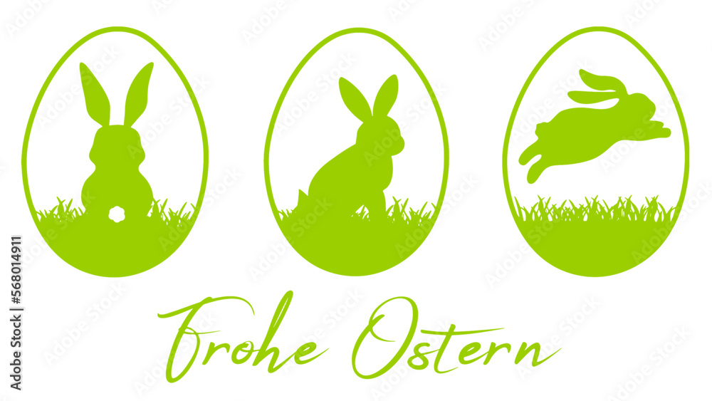 Frohe Ostern Banner Illustration Vektor - Symbol Cartoon Set aus grüner Silhouette von Osterei und Osterhase isoliert auf weissem Hintergrund