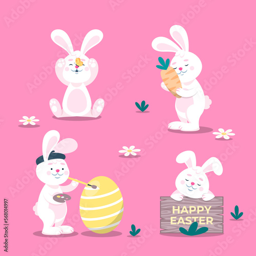 Conjunto de colección de conejos de pascua felices en diferentes poses