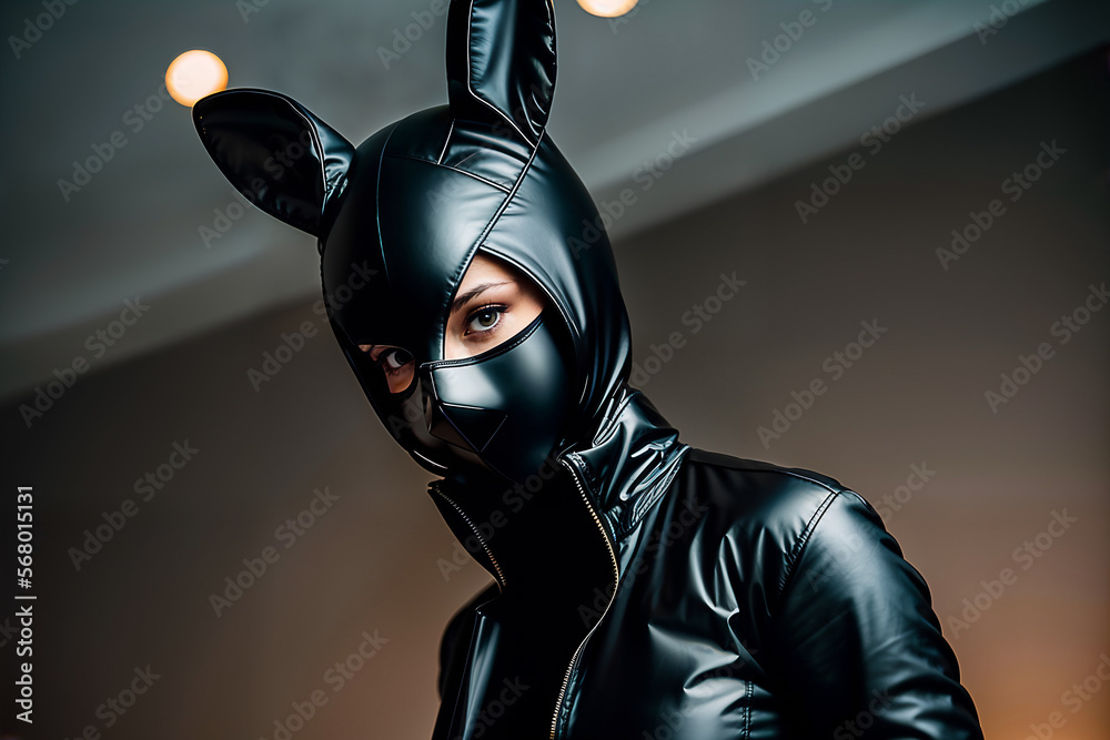 Woman dressed in latex leather suit and bunny mask for adult bdsm games.  Generative AI, obrazy, fototapety, plakaty - BajeczneObrazy.pl