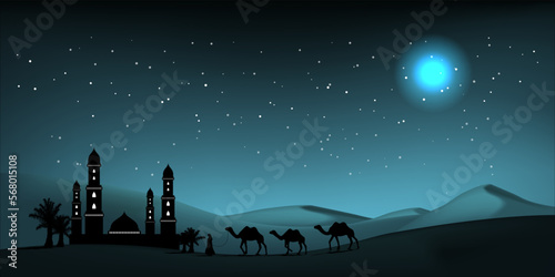 Ramadan desert background with mosque and silhouette of camels caravan. 