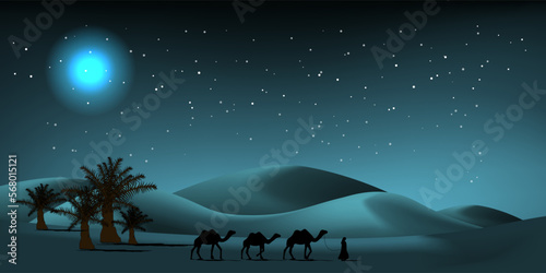 Ramadan desert background with mosque and silhouette of camels caravan. 