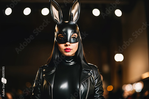 Woman dressed in latex leather suit and bunny mask for adult bdsm games. Generative AI photo