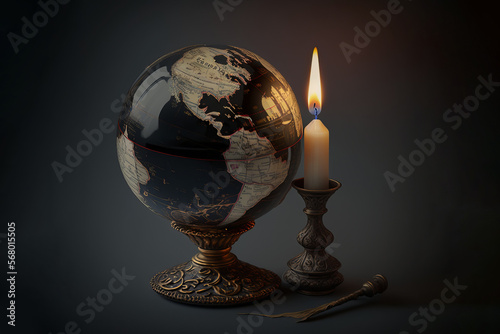 Blackout – Power grid overloaded. Globe with burning candle, power outage, energy crisis (Generative AI)