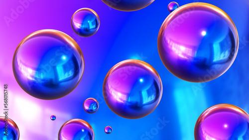 Shiny colored balls abstract background, 3d purple blue metallic glossy spheres as desktop wallpaper, 3D render illustration. 