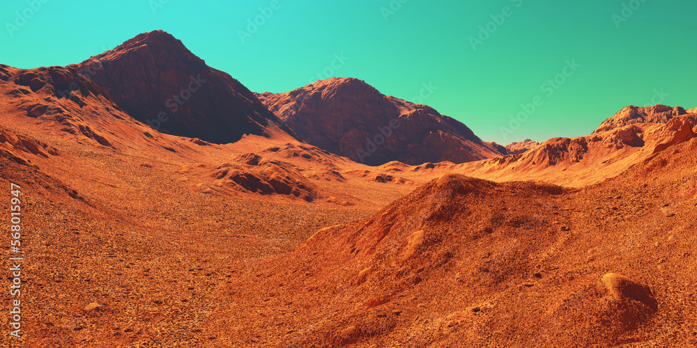 Naklejka premium Mars landscape, 3d render of imaginary mars planet terrain, science fiction view of planet mars illustration.