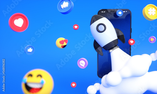 Social media icons and logos with 3d space rocket for digital and social media marketing background