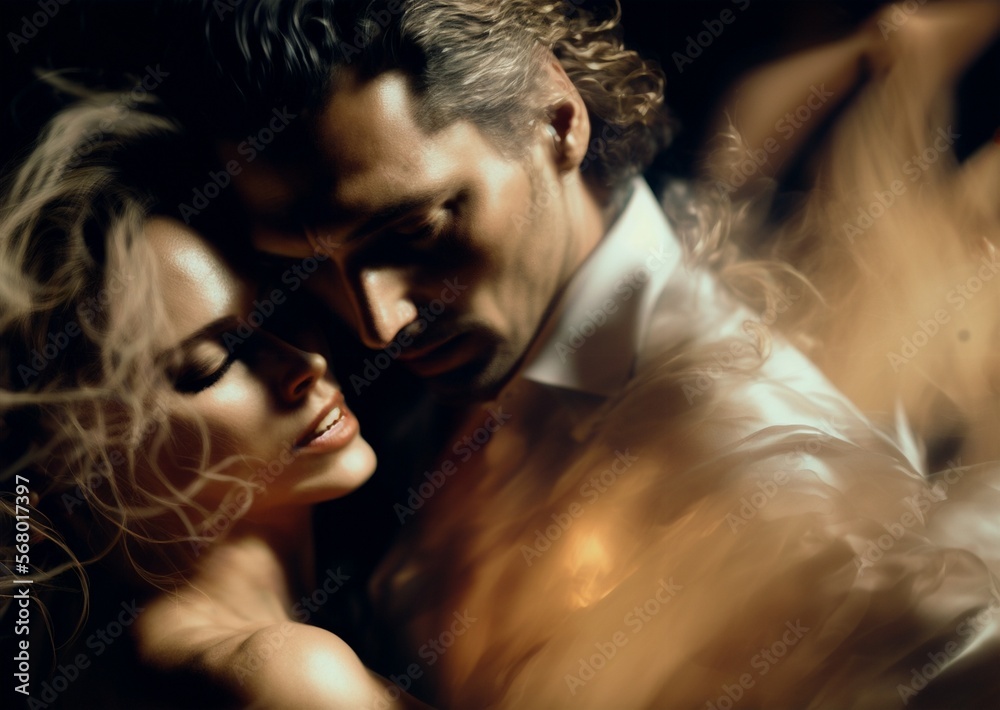 Couple of lovers entwined, swirling of sensuality, smoke, light and emotion, burning with carnal desire, passion and frenzy, two people in captivating physical encounter, made with AI Generative