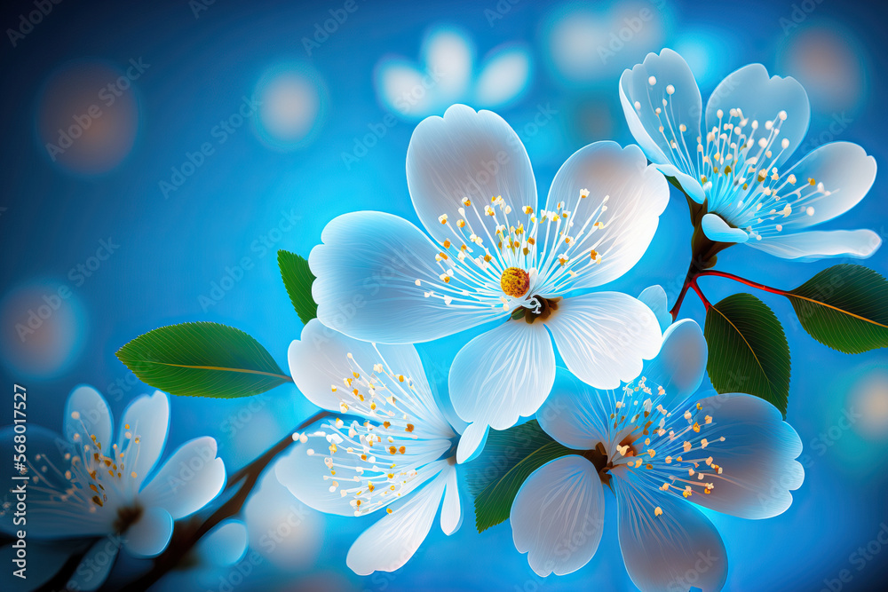 a blue background with a fresh blossom in the spring. Generative AI a blue background with a fresh blossom in the spring. Generative AI