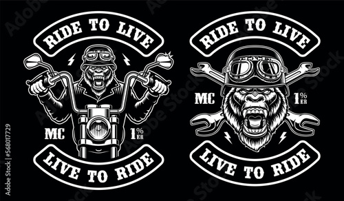 Set of a gorilla biker patch on a dark background