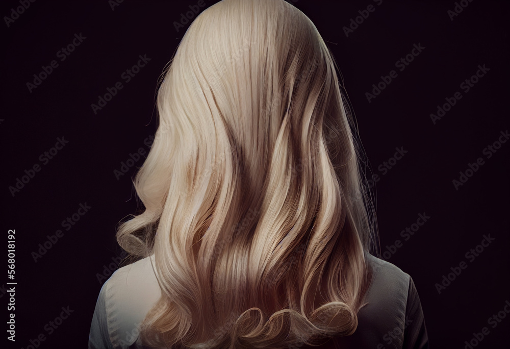 Naklejka premium Perfekte, gesunde und glänzende blonde Haare im Fokus eines Portraits. Perfekt für Friseur- Haarfarbe- und Shampoo- werbung. -Generative Ai