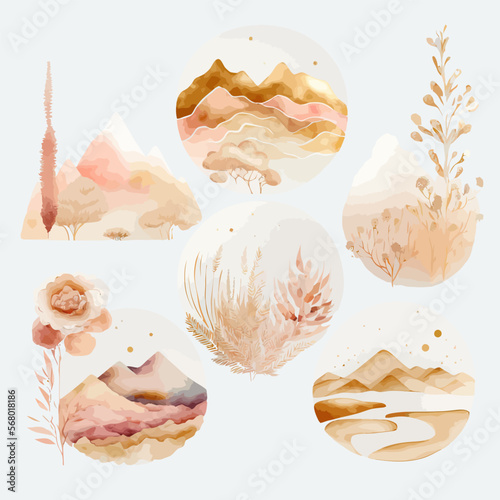 Abstract Arrangements. Landscapes, mountains. Decorative elements template. Flat cartoon illustration isolated on white background