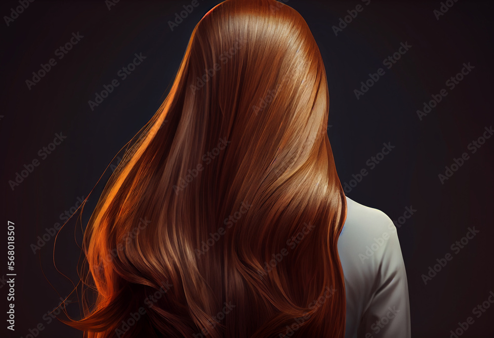 Fototapeta premium Perfekte, gesunde und glänzende Haare im Fokus eines Portraits. Perfekt für Friseur- Haarfarbe- und Shampoo- werbung. -Generative Ai