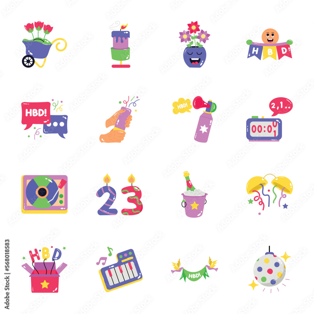 Set of Event Celebration Flat Stickers 

