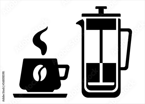 Vector black and white illustration in flat style: french press and coffee cup