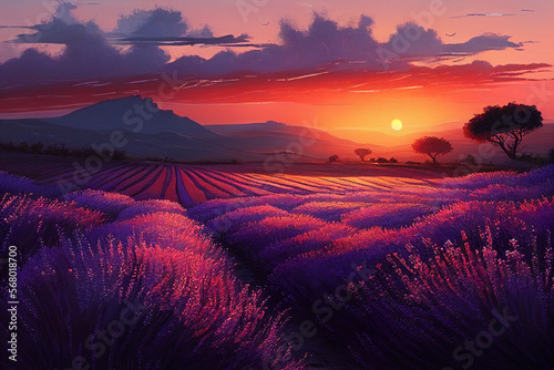 Landscape with lavender field at sunset. AI generated.