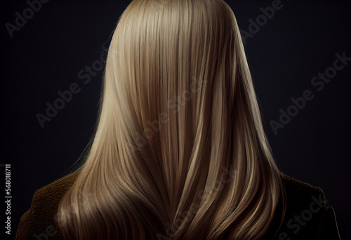  Perfekte, gesunde und glänzende blonde Haare im Fokus eines Portraits. Perfekt für Friseur- Haarfarbe- und Shampoo- werbung. -Generative Ai