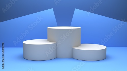 3d rendering of abstract white cylindrical step pedestal podium on blue background, minimalistic empty showcase template with geometric backdrop