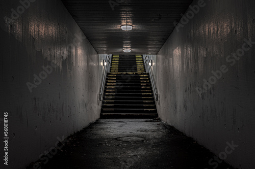 pedestrian tunnel under the tracks with a yellow staicase at the end photo