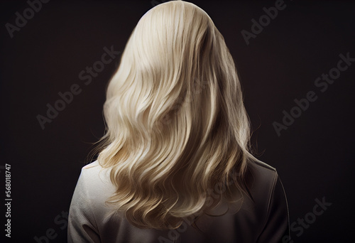  Perfekte, gesunde und glänzende blonde Haare im Fokus eines Portraits. Perfekt für Friseur- Haarfarbe- und Shampoo- werbung. -Generative Ai