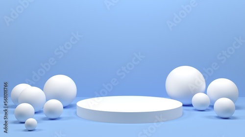 3d rendering of white cylindrical podium and spheres on blue background. Blank minimalistic empty showcase template, mock up, art deco shop display © Anastasiia
