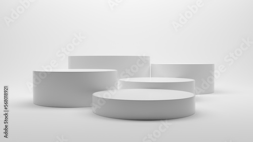 White realistic 3D cylinder steps pedestal podium set. Gray minimal scene for products showcase.
