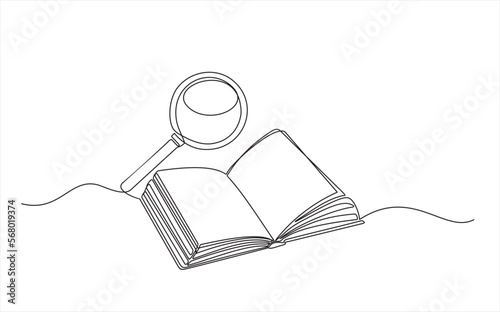 Magnifier hand drawn by one continuous line art drawing vector illustration minimalist design isolated on white background. A magnifying glass above an open book. Zoom in and discovery concept.