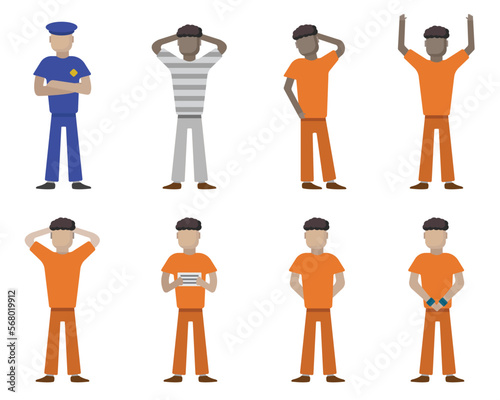 set of cartoon flat male characters prisoners, prison, bandits, jailers, policemen.African Americans and Europeans.flat cartoon graphics