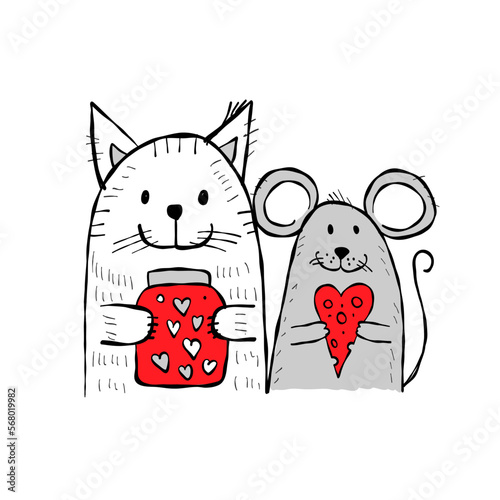 Cat and mouse with hearts in hands. Be my Valentine. Valentine's day banner, ...