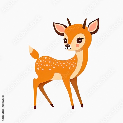 Cute young deer, cartoon character. Pretty little doe with light spots on the brown skin. Generative AI art. © Hanna