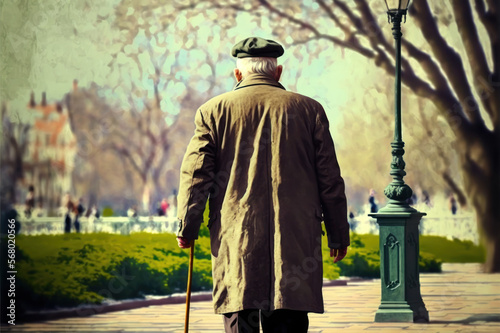 Elderly man walking in the park. Retired woman with walking stick , generative ai