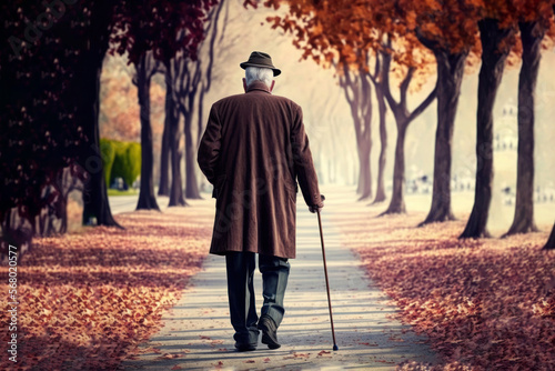 Elderly man walking in the park. Retired woman with walking stick , generative ai