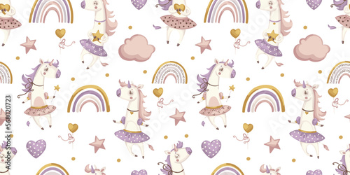 Seamless pattern with cute unicorn and rainbow on white background. Vector illustration for fabric, party, print, baby shower, wallpaper, design, decor, goods, dishes, bed linen and kids apparel
