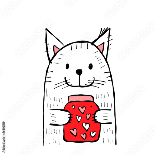 Cute cat with jar of hearts. Be my Valentine. Valentine's day banner, backgro...