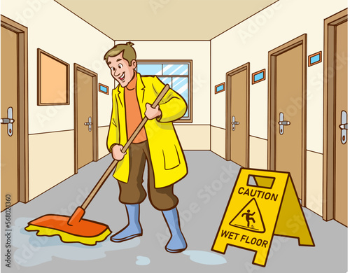 Cleaning staff character with equipment. Cartoon vector illustration.