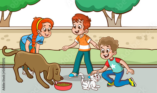 children feeding stray animals cartoon vector 
