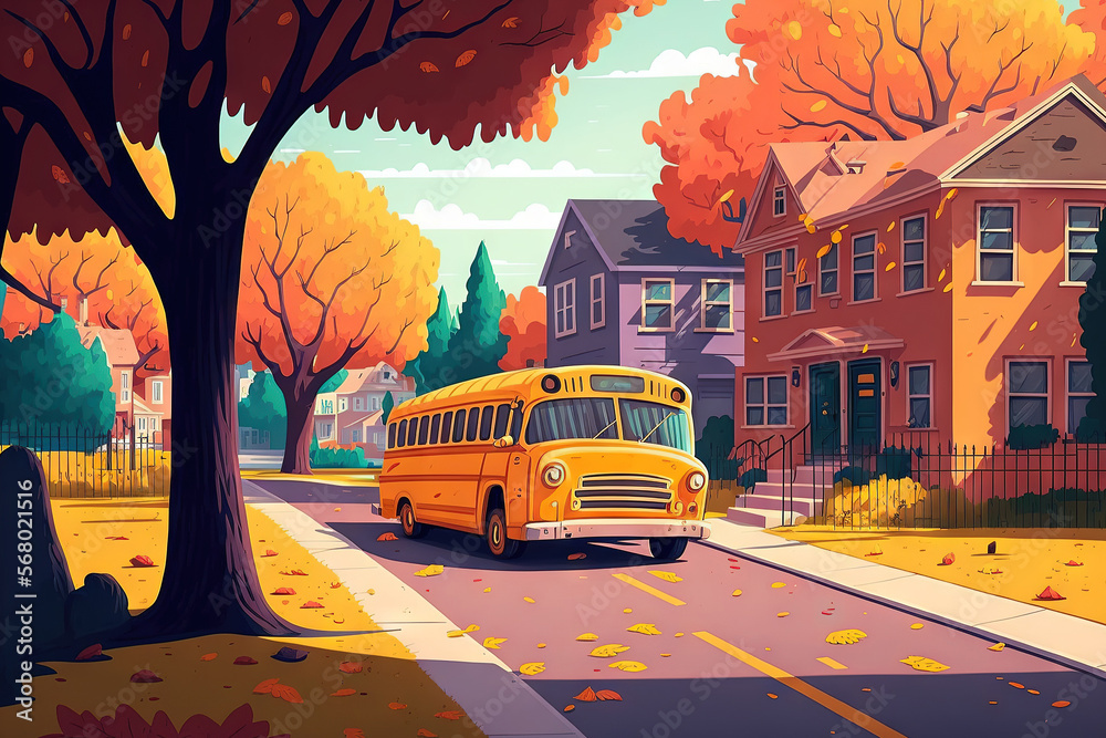School bus on the street in a metropolitan suburb. Kids' animation ...