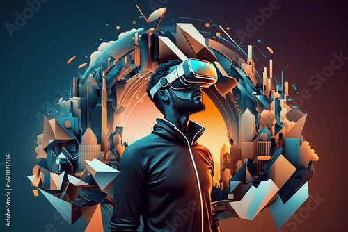 AI Metaverse concept collage design with man wearing VR headset, man with smart glasses futuristic technology © Artofinnovation