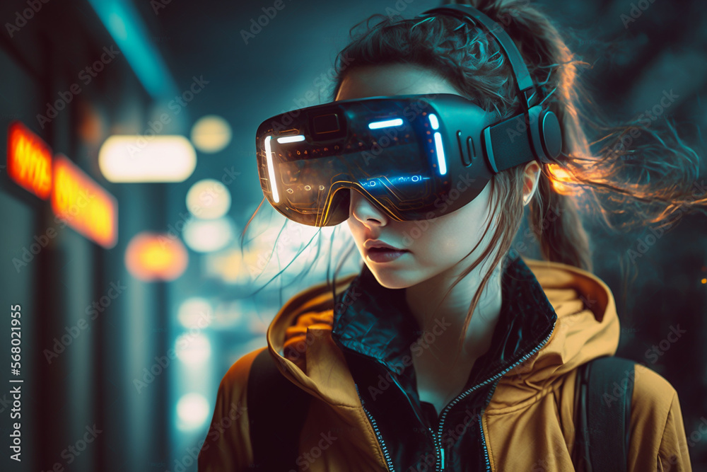 Woman exploring metaverse technology with vr glasses, Generative ai Woman exploring metaverse technology with vr glasses, Generative ai