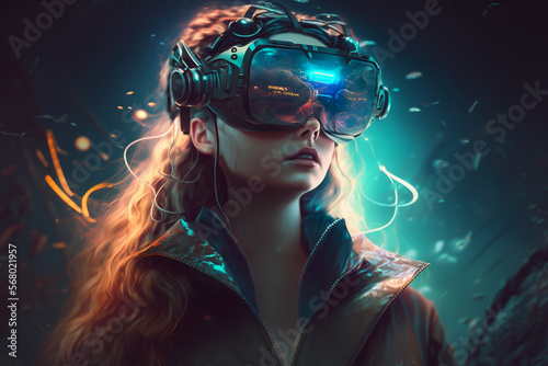 Woman exploring metaverse technology with vr glasses, Generative ai