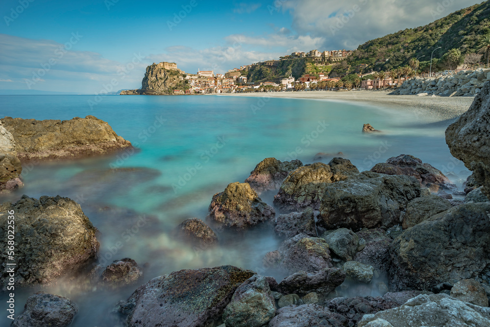 Scilla beach with the town in the background, province of Reggio Calabria IT