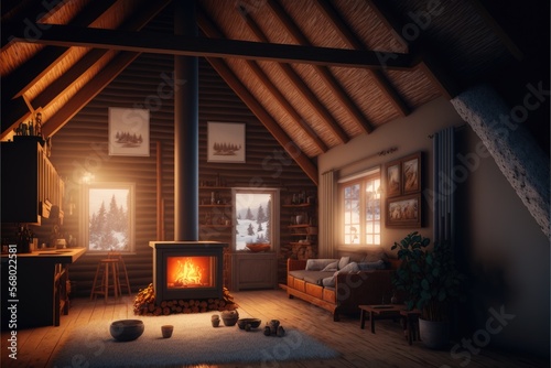 interior shot in winter, luxury cabin in the woods with fireplace and large windows generative ai illustration © Ecleposs