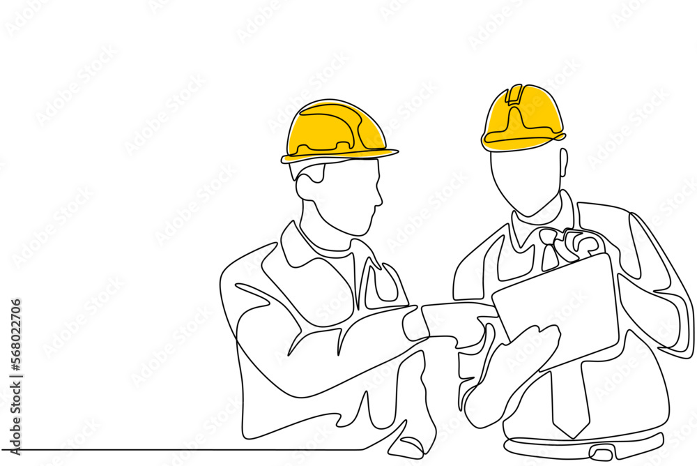 Single continuous line drawing of young construction manager giving instruction to builder coordinator at site meeting. Building architecture business concept. One line draw design vector
