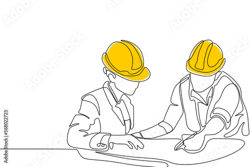 Fototapeta Naklejka Na Ścianę i Meble -  Single continuous line drawing of young construction manager giving instruction to builder coordinator at site meeting. Building architecture business concept. One line draw design vector